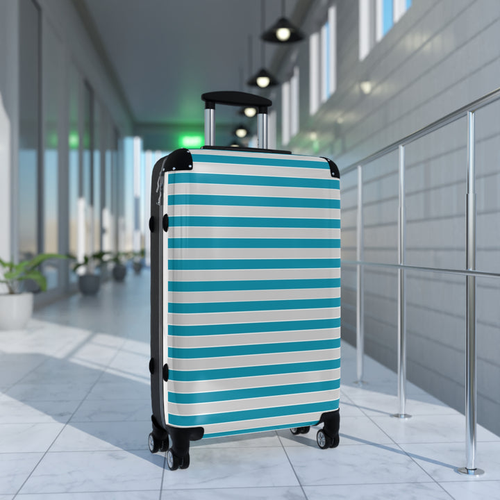 Teal and Grey Striped Suitcase