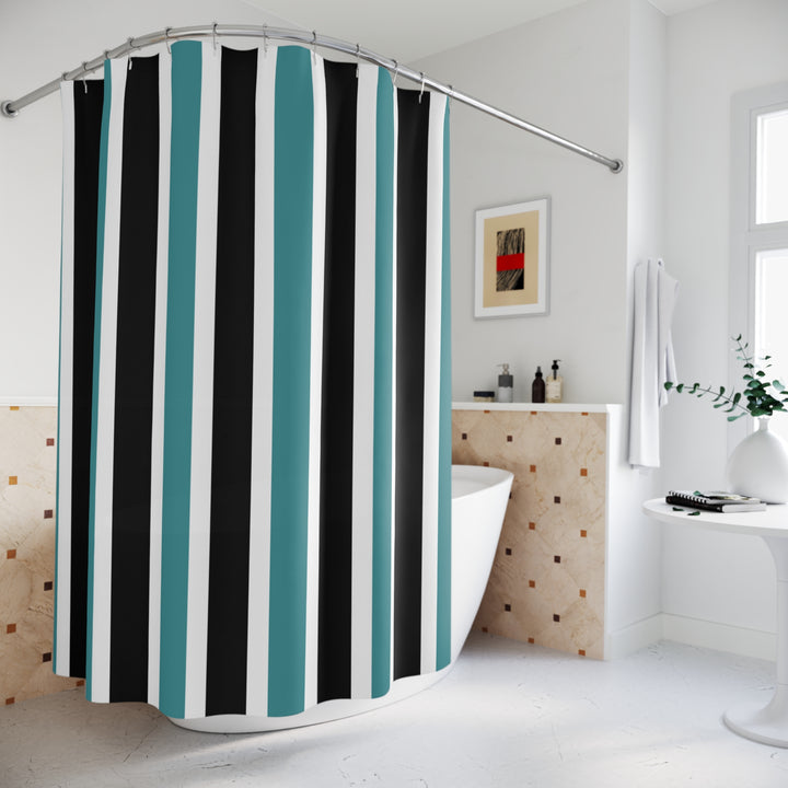 Vertical Blue and Black Lined Shower Curtain