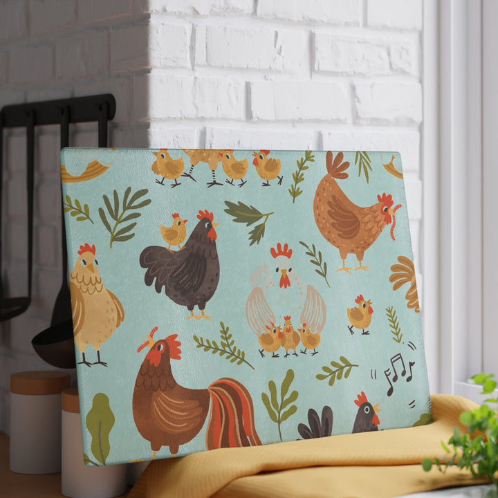 Chicken and Rooster Glass Cutting Board