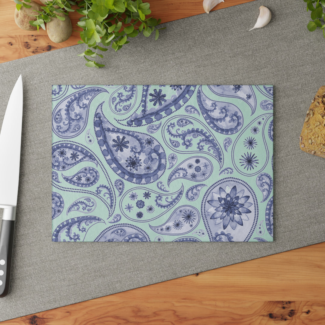 Blue Paisley Glass Cutting Board