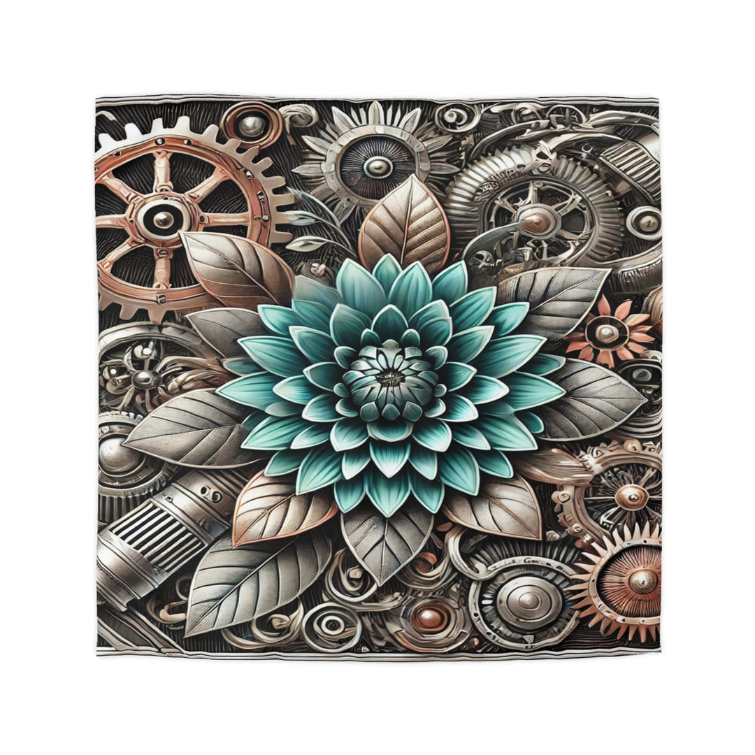 Teal Flowers and Gears Microfiber Duvet Cover