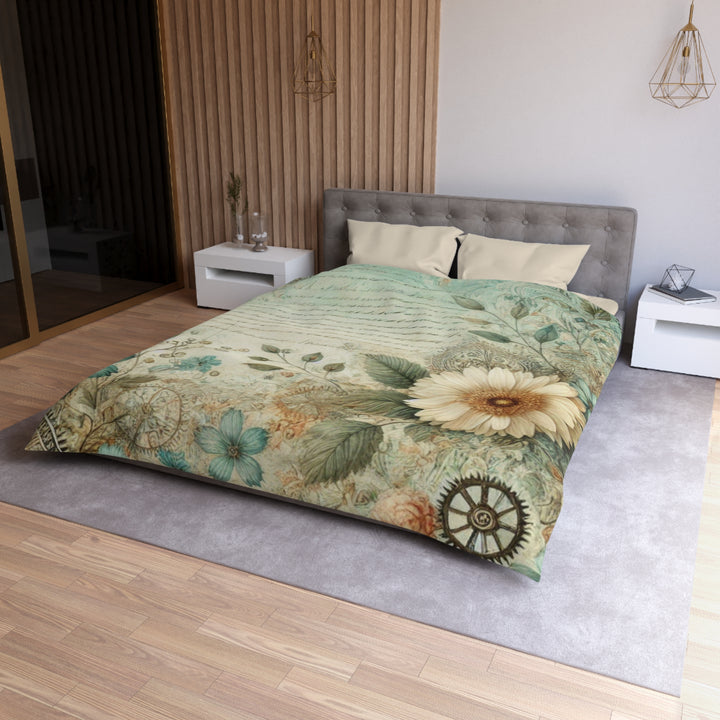 Vintage Flowers And Gears Microfiber Duvet Cover