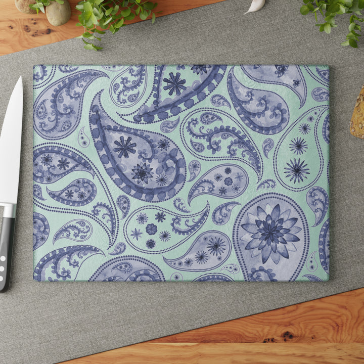 Blue Paisley Glass Cutting Board