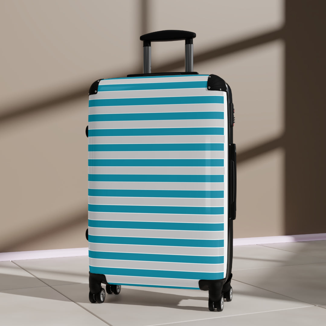 Teal and Grey Striped Suitcase