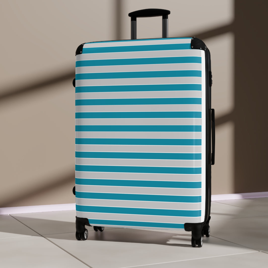 Teal and Grey Striped Suitcase