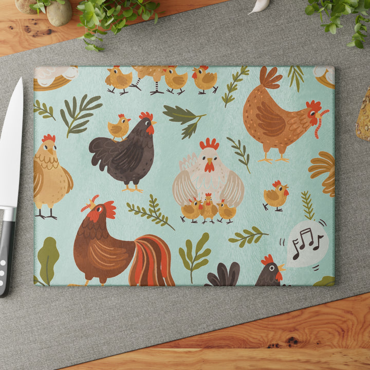 Chicken and Rooster Glass Cutting Board