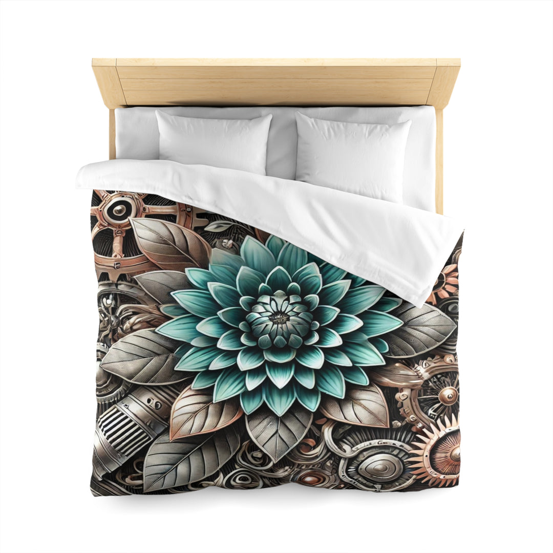 Teal Flowers and Gears Microfiber Duvet Cover